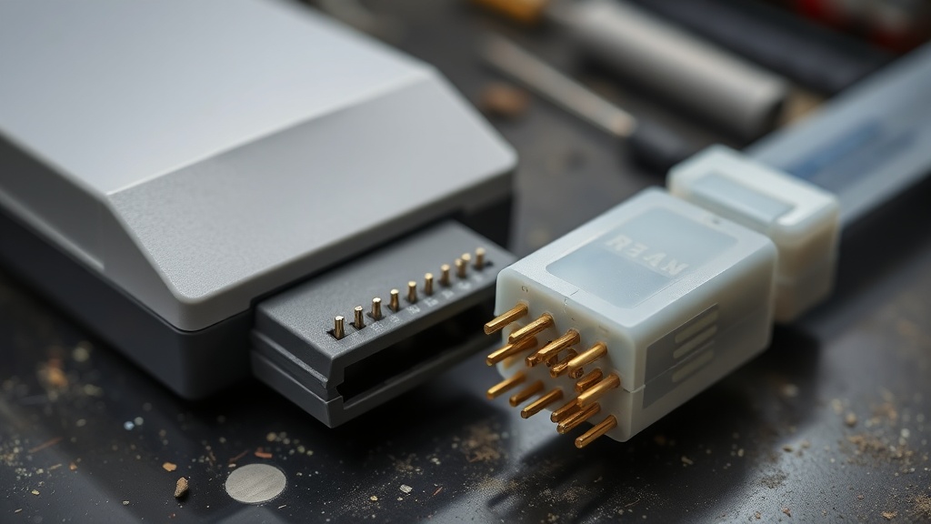 A plastic spudger tool next to an original NES 72-pin connector on a workbench, showing a close-up of the gold plating on the pins.