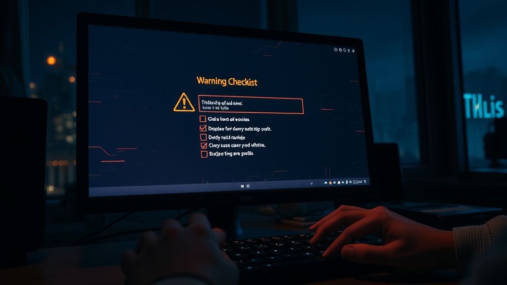 Neon-lit game preload screen with a warning-style checklist overlay and a skeptical gamer at a PC setup