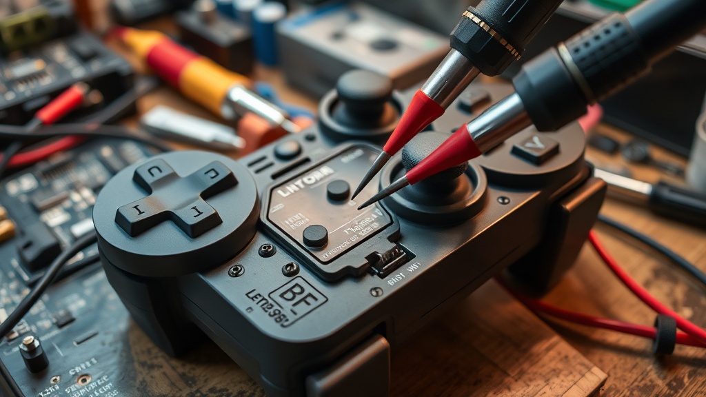 Disassembled game controller on a repair bench with multimeter probes