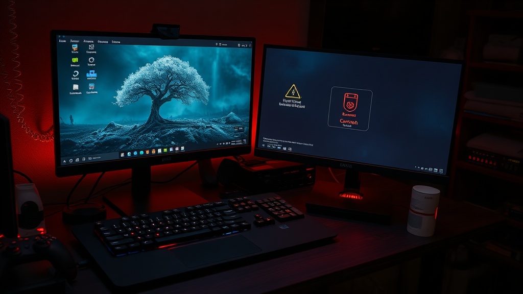 Gaming desk with save folder audit on screen