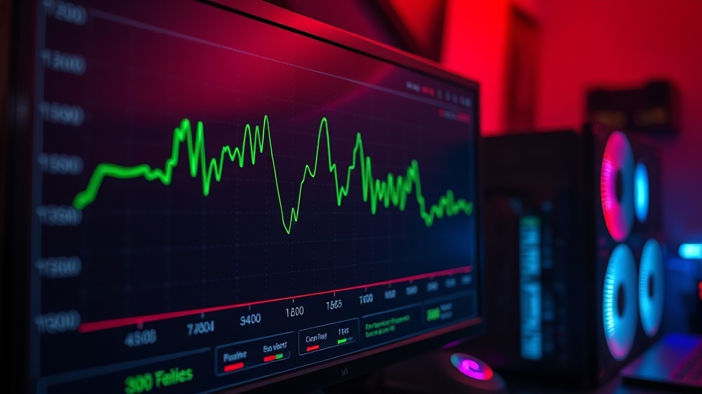 Gaming monitor displaying frame timing graph with GPU in background