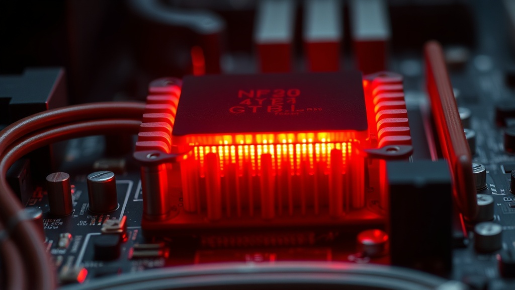 Macro shot of a glowing CPU on a motherboard with intense red heat pipes