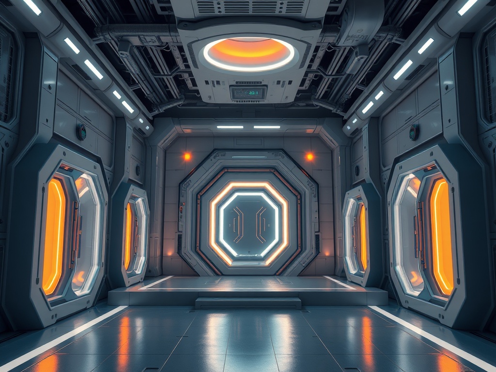 clean futuristic testing chamber with glowing portals and minimalist industrial design