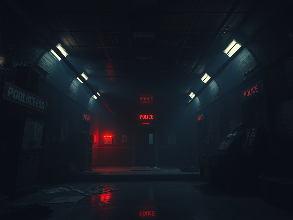 dark police station interior with dramatic lighting and tense atmosphere in a survival horror setting