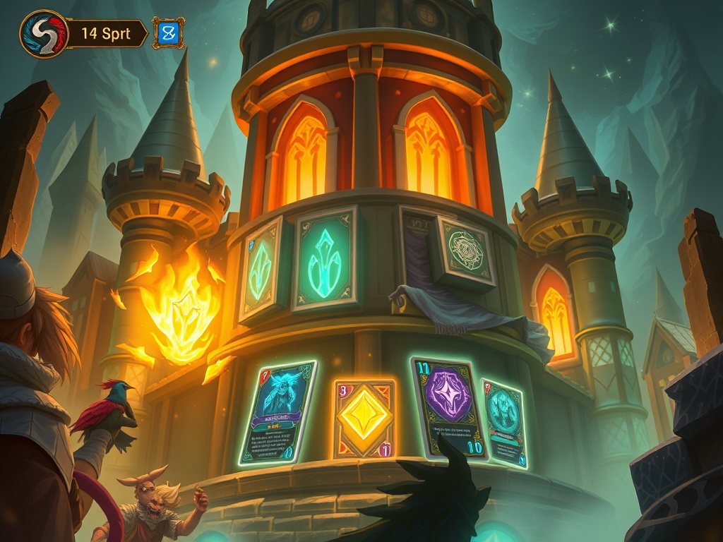 fantasy card battle with glowing cards and strategic interface in a mystical tower setting