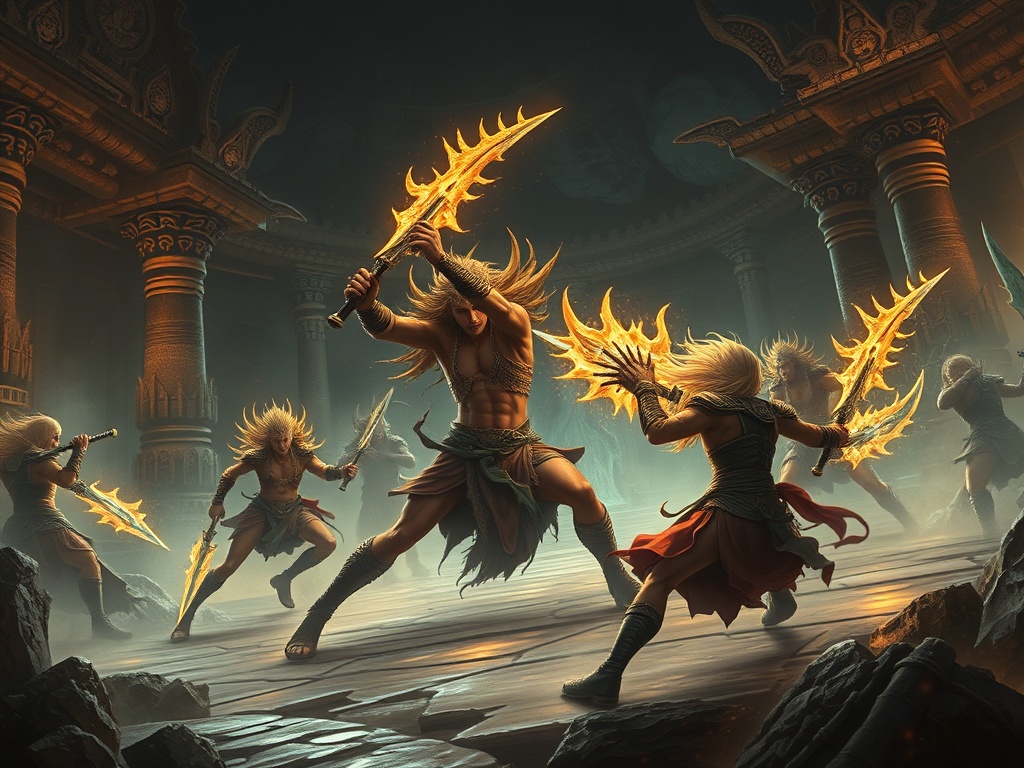 fast paced mythological combat with glowing weapons and dynamic lighting in an ancient underworld arena