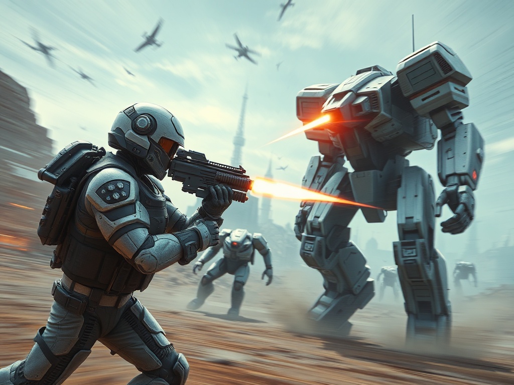 futuristic soldier and giant mech fighting in a dynamic sci fi battlefield with motion blur