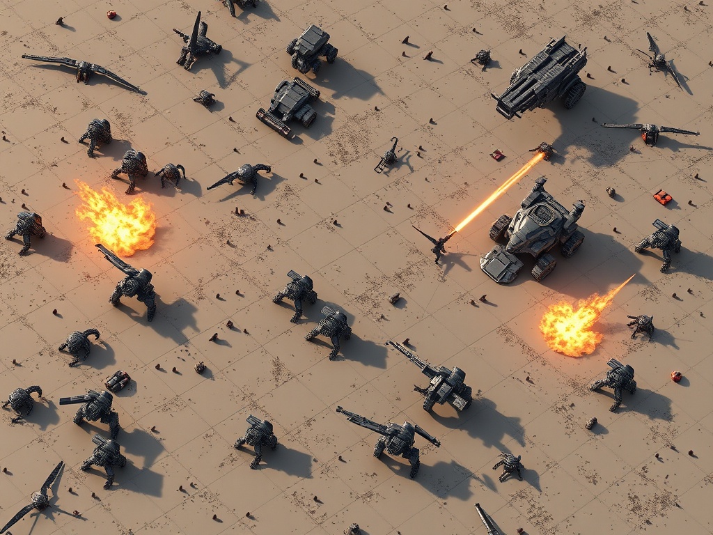 grid based tactical battlefield with mechs fighting giant creatures in a minimalist strategy layout