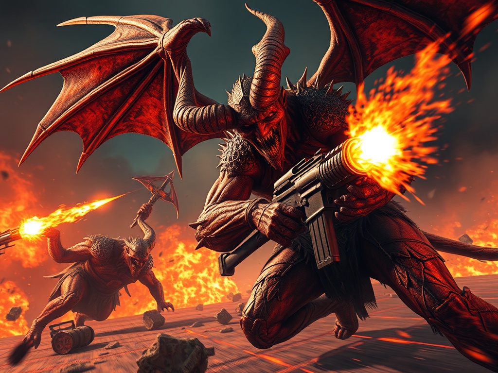 intense demon combat with heavy weapons and fiery environments in a high speed shooter