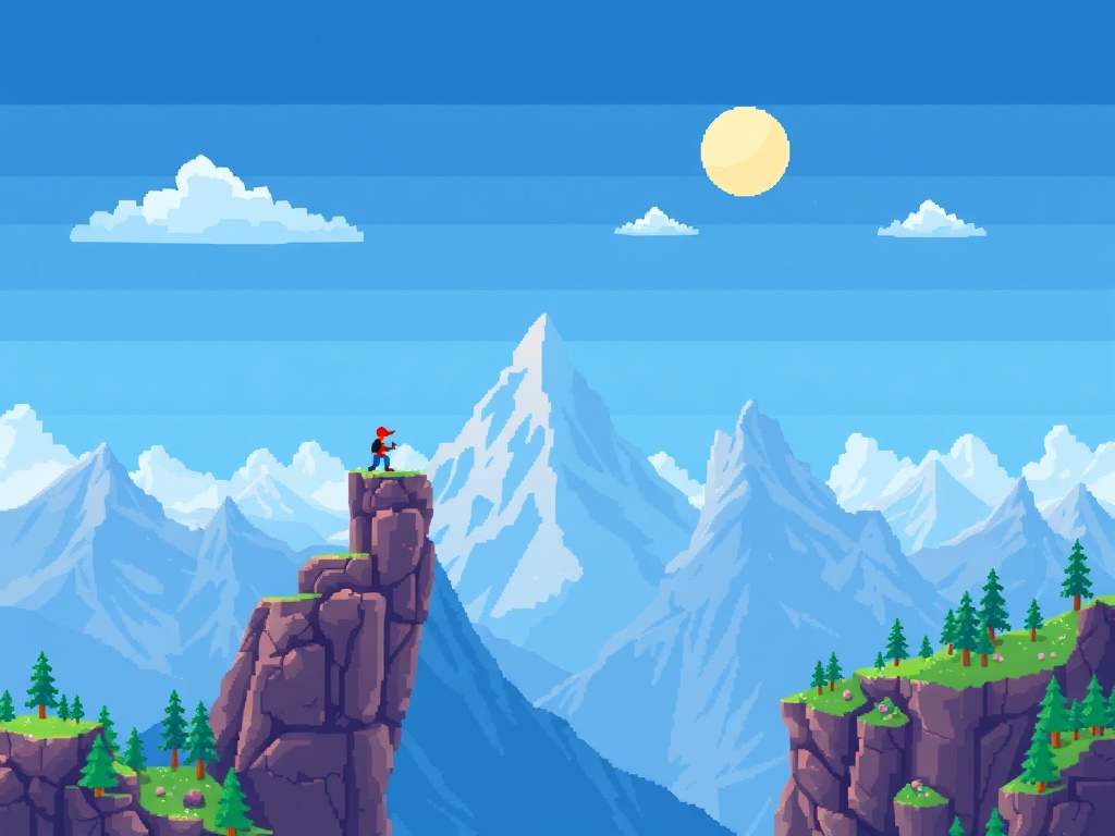 pixel art mountain climb with precise platforming jumps and colorful minimalistic landscape