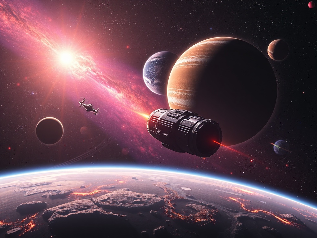 small spacecraft exploring a mysterious solar system with planets and cosmic phenomena