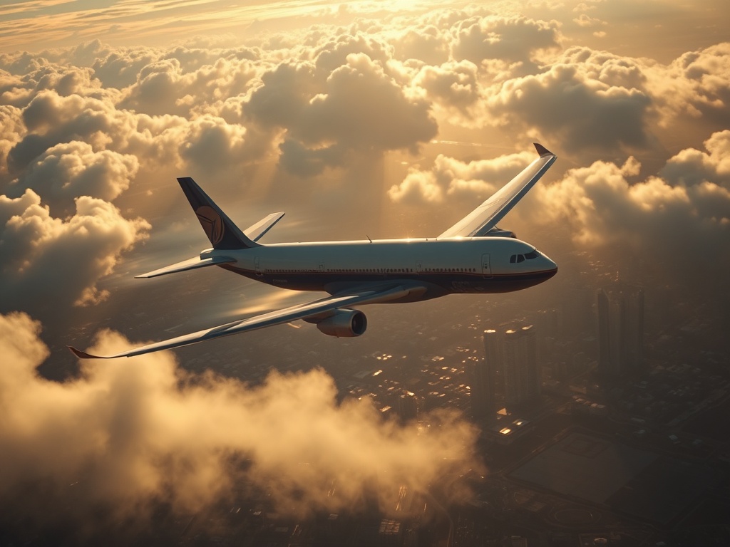 a detailed airplane flying over a photorealistic city with clouds and sunlight