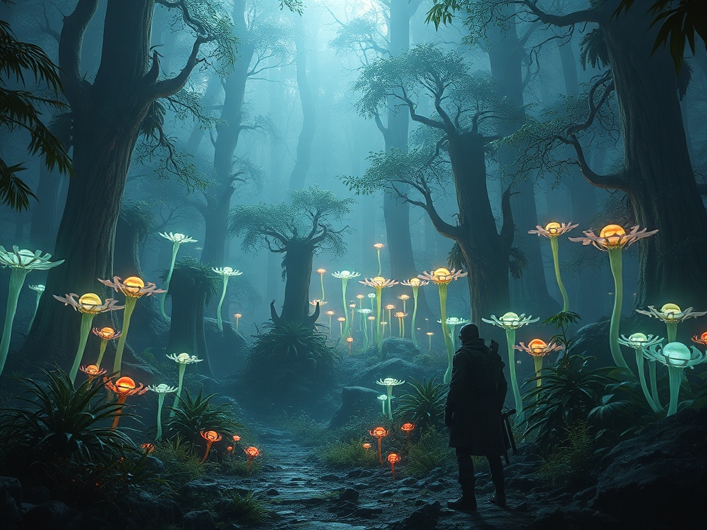 a futuristic forest world with glowing plants and a lone warrior, cinematic lighting