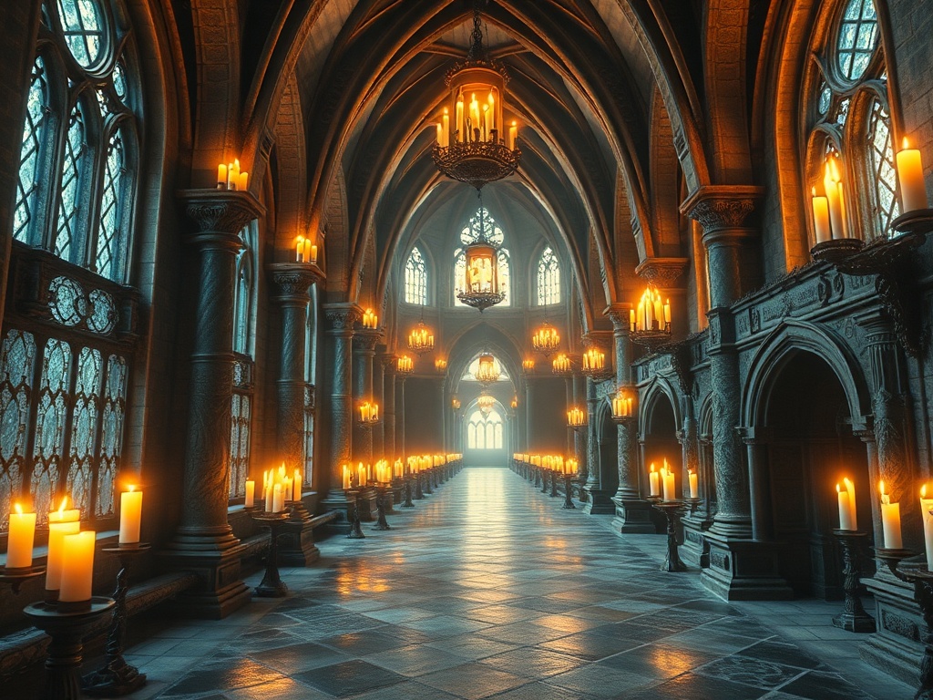 a magical castle interior with floating candles and long hallways, slight visual loading artifacts