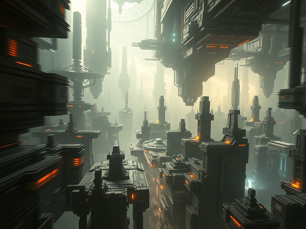a vast futuristic space city with dense structures and harsh lighting, slightly lagging motion blur feel