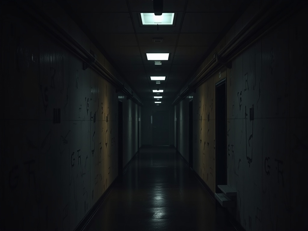 dark sci-fi prison corridor with flickering lights and heavy shadows, tense atmosphere