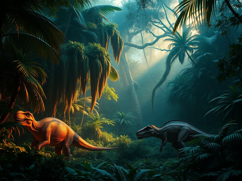 lush prehistoric jungle with dinosaurs and dynamic lighting, heavy foliage density