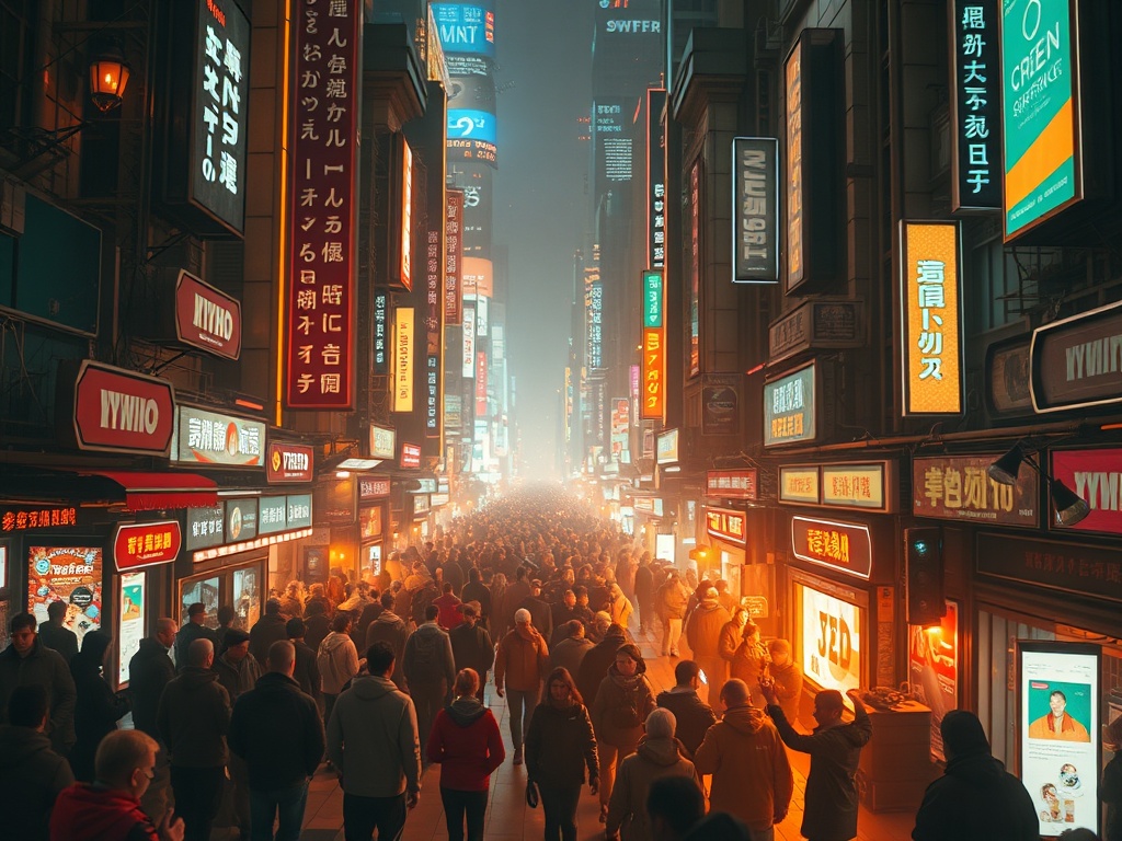 neon-lit futuristic city street with dense crowds and reflections, chaotic energy