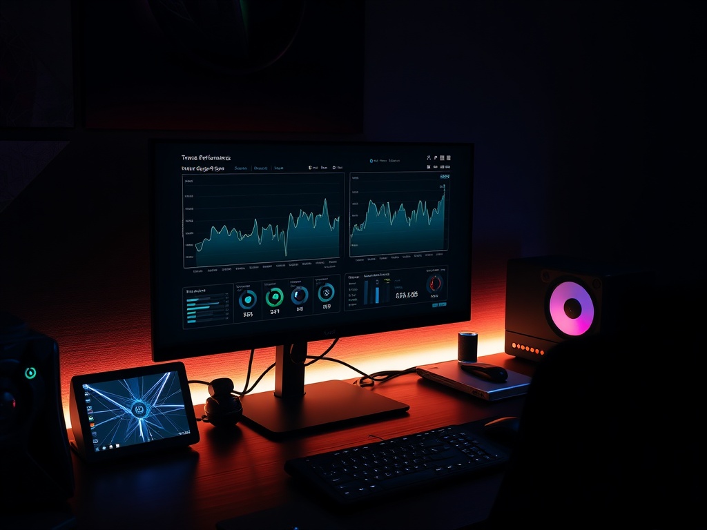 dark gaming setup with performance graphs on monitor, realistic lighting, detailed hardware desk