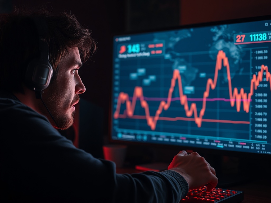 frustrated gamer looking at stuttering game screen with performance graph spikes, moody lighting