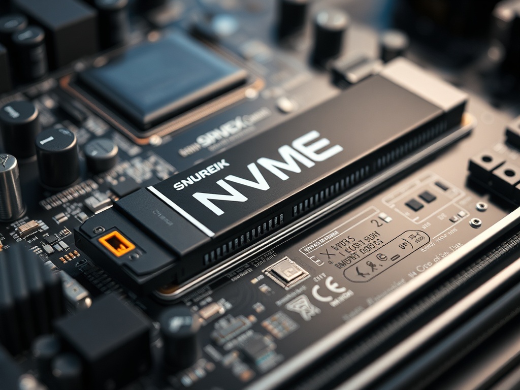 nvme ssd installed on motherboard close-up, high detail, tech aesthetic