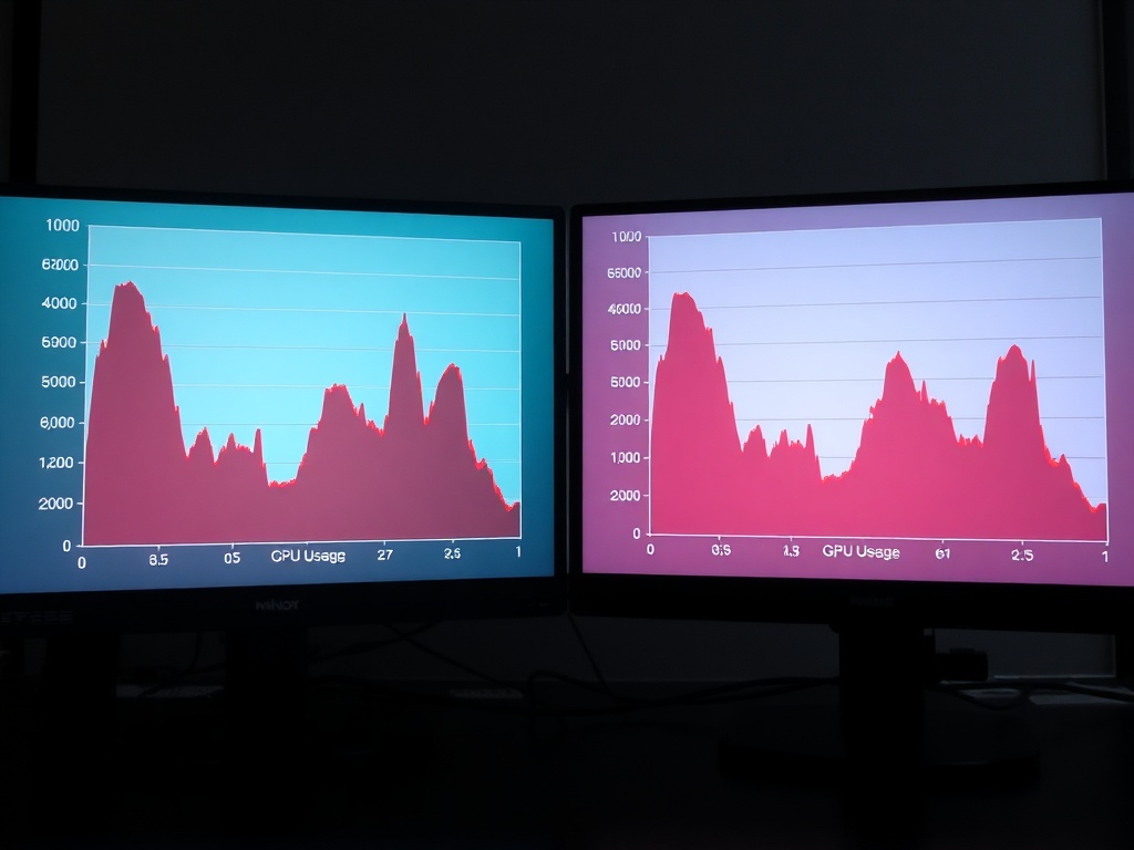 split comparison CPU usage vs GPU usage graphs on dual monitors, technical setup