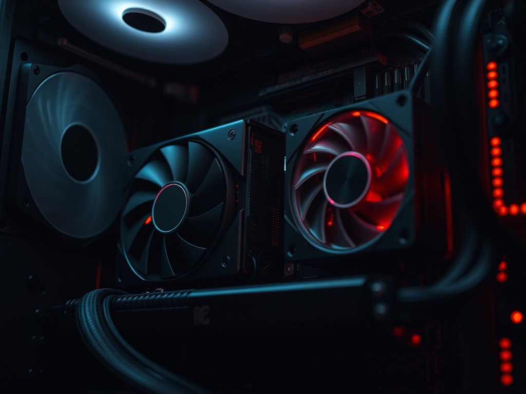 close-up of PC hardware internals with GPU and CPU visible, moody lighting, technical atmosphere