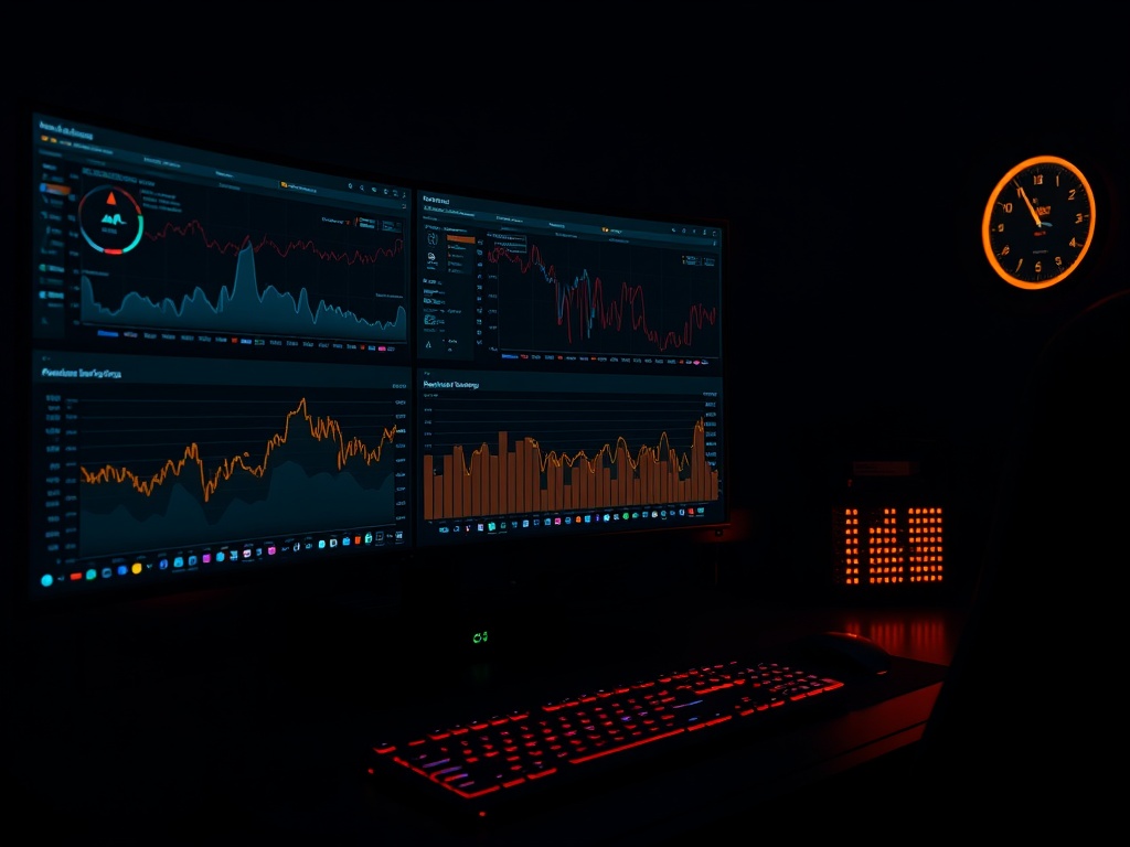 dark gaming setup with performance monitoring graphs on screen, realistic lighting, high detail