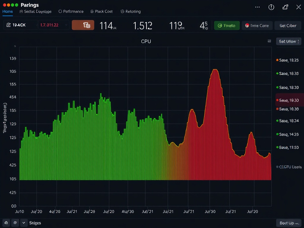 cpu performance graph with uneven usage spikes across cores, technical monitoring interface