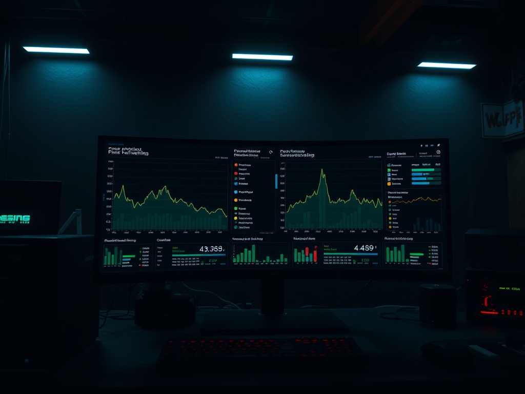 dark gaming setup with performance monitoring overlay graphs visible on screen, realistic lighting, technical atmosphere
