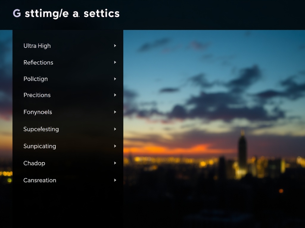 graphics settings menu with ultra high shadows and reflections options, cinematic lighting