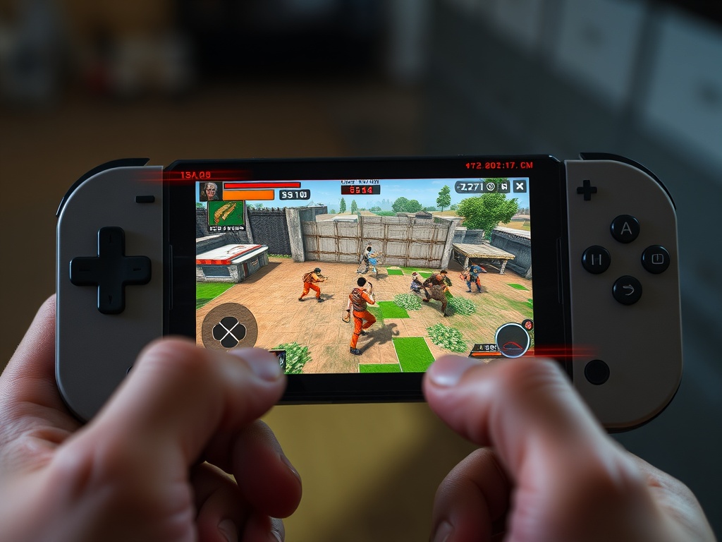 handheld gaming device running a demanding game with performance overlay visible
