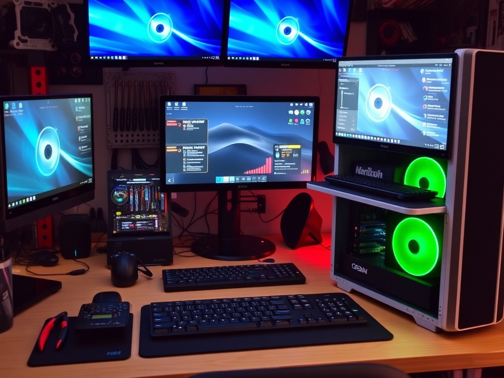 organized gaming workstation with tools, open pc case, performance monitoring screens