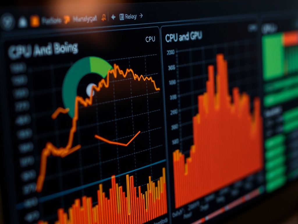 close-up of CPU and GPU monitoring software showing uneven usage graphs, technical interface