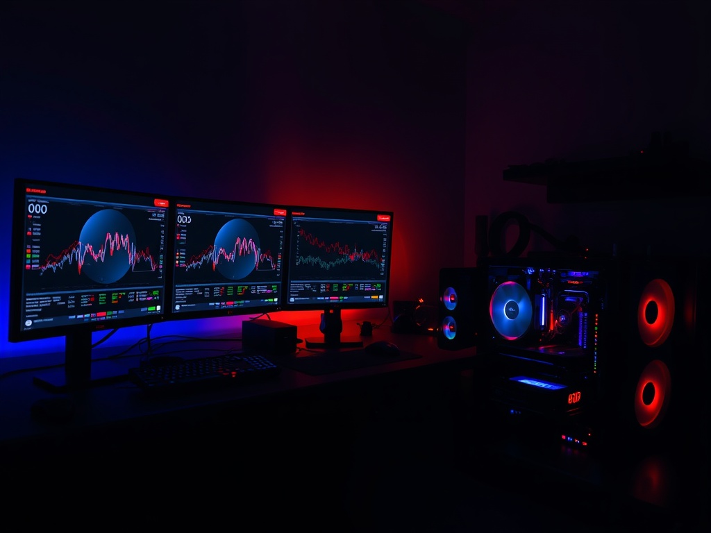 dark gaming setup with performance graphs on multiple monitors, detailed PC components visible, moody lighting