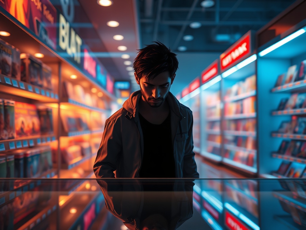 gamer hesitating before clicking buy button on digital store, dramatic lighting, reflection on screen