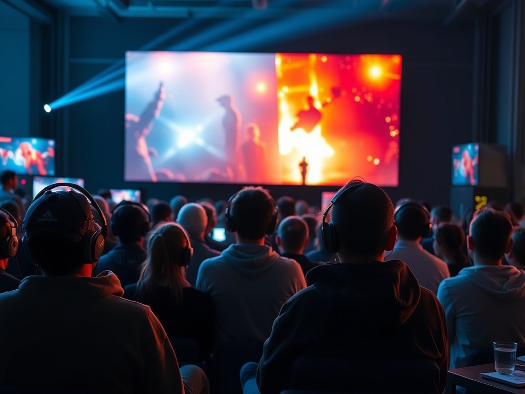 crowd of gamers watching flashy trailer on big screen, bright lights, contrast with person waiting calmly at home
