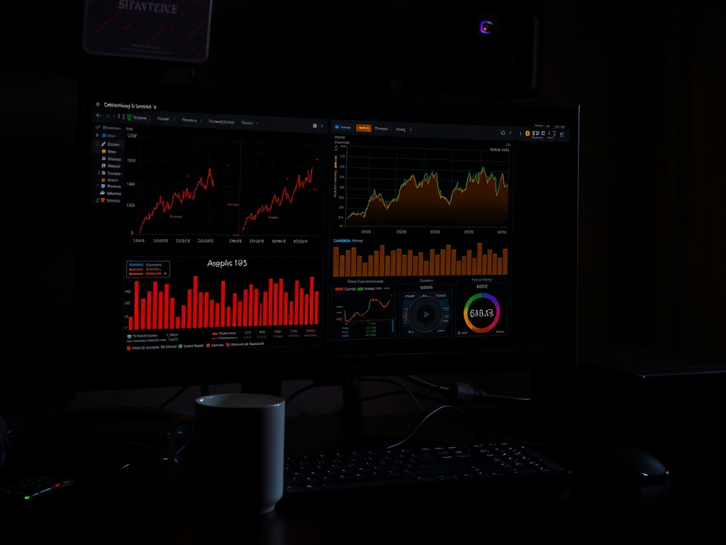 dark gaming setup with performance graphs on monitor, dim lighting, coffee mug, cables, realistic