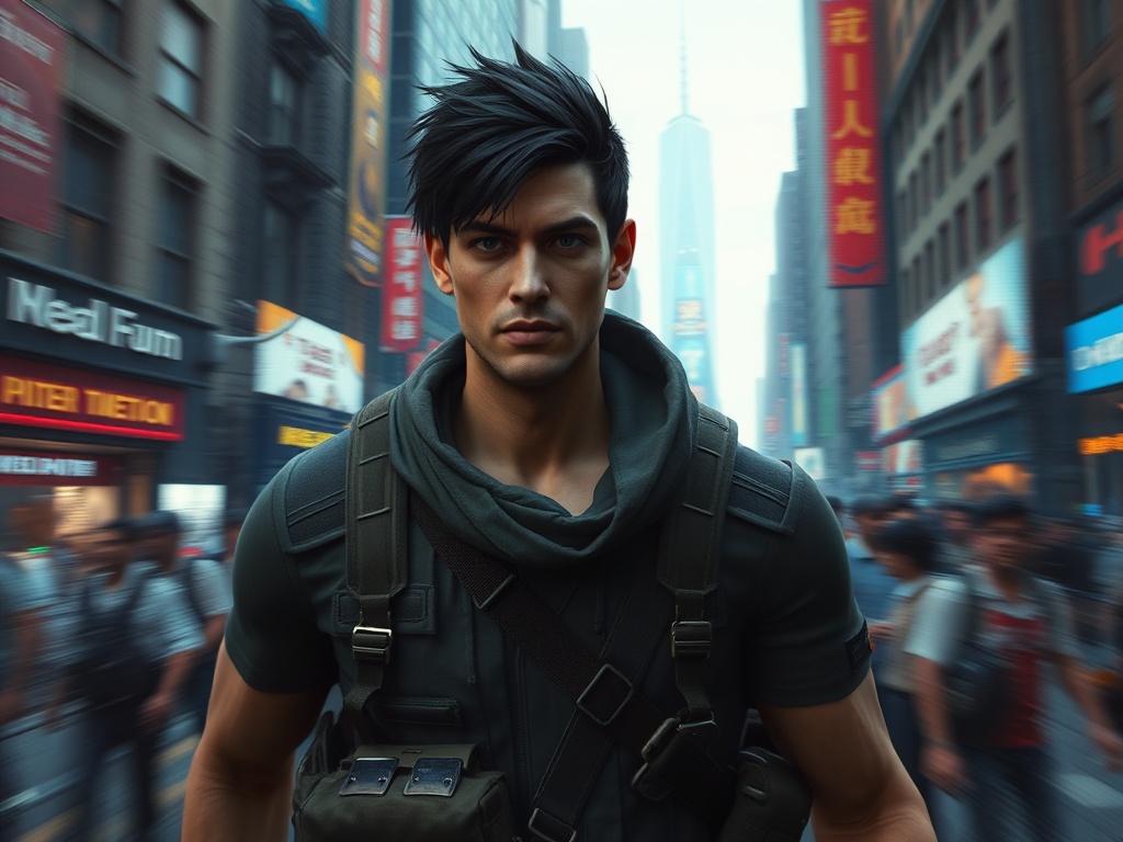 game character in crowded city scene with stuttering visual effect, motion blur, realistic lighting