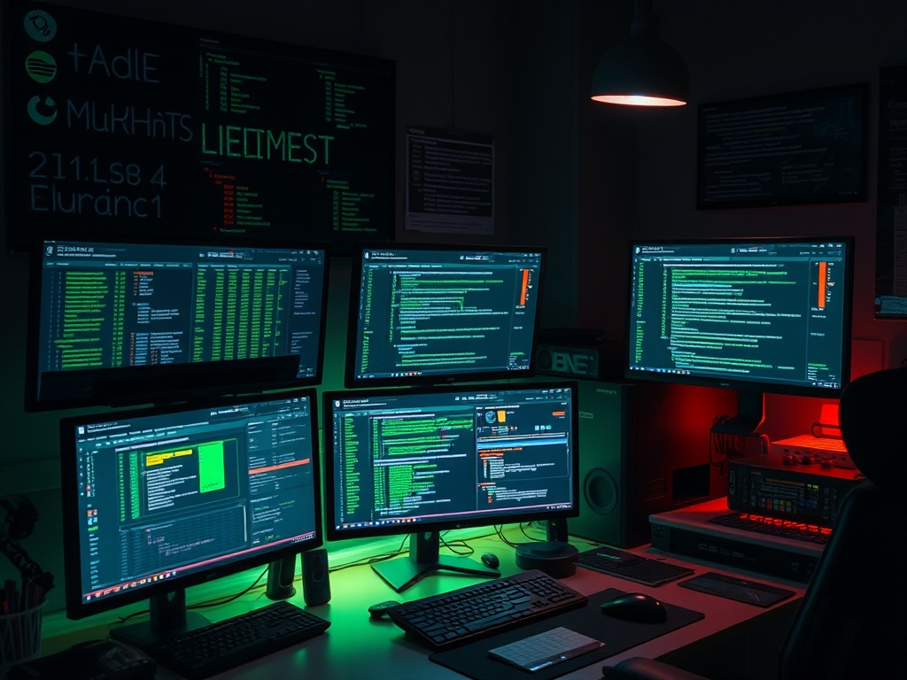 game developer workspace with bug tracking software full of issues, multiple monitors, late night lighting