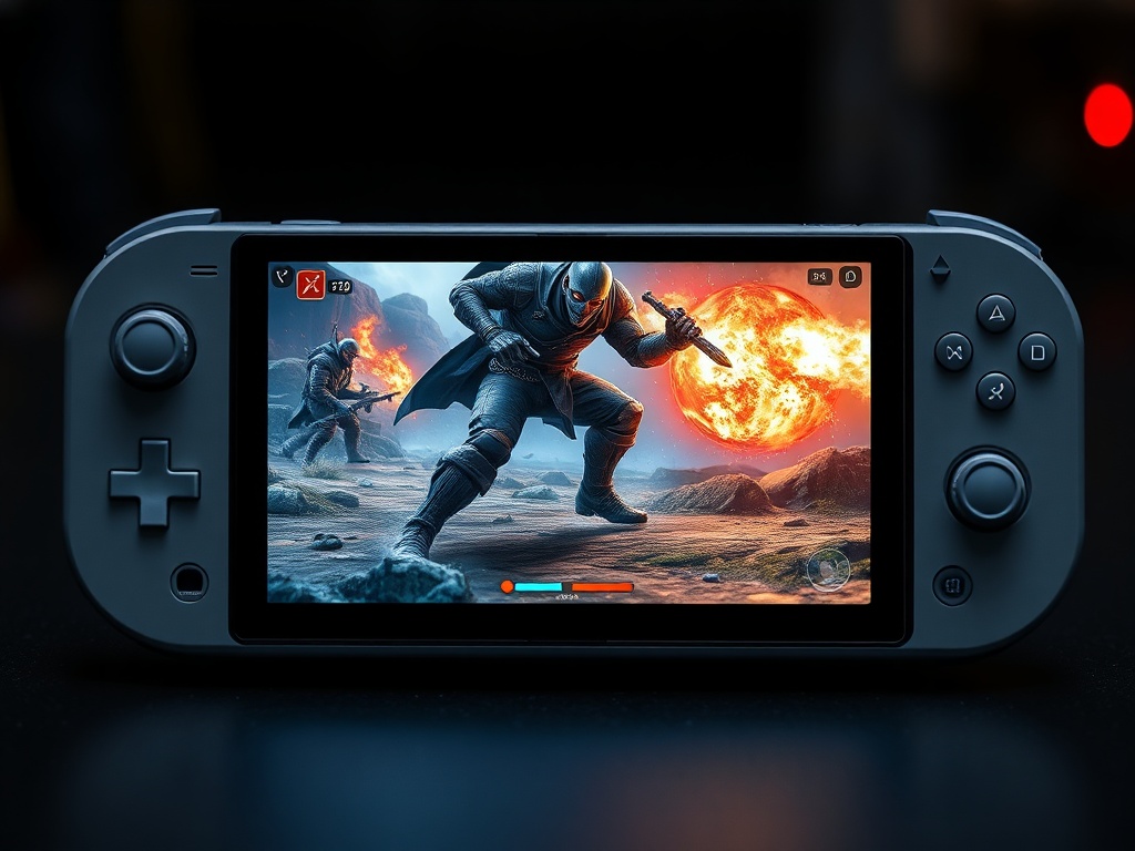 handheld gaming device showing demanding game with performance overlay, realistic scene