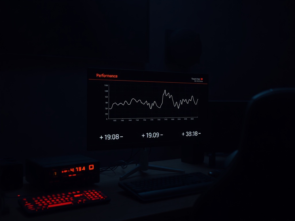 a dark gaming setup with a performance graph on screen showing unstable frame times, dim lighting, technical atmosphere