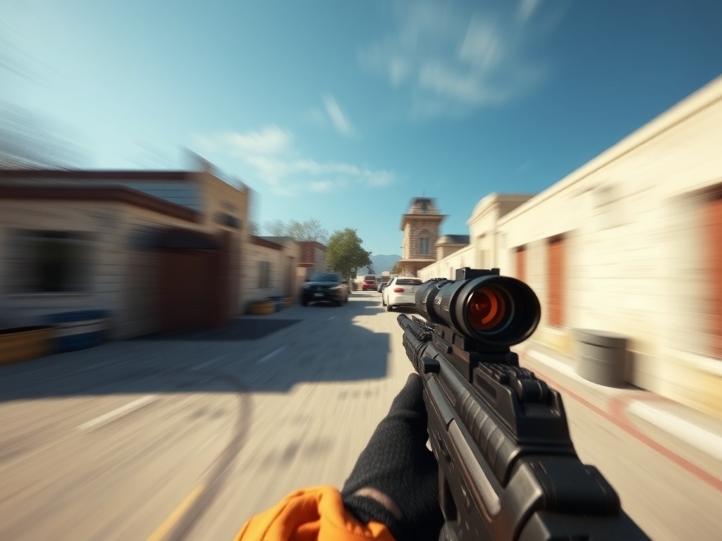 first-person shooter gameplay with subtle motion blur and smooth camera movement, no stuttering