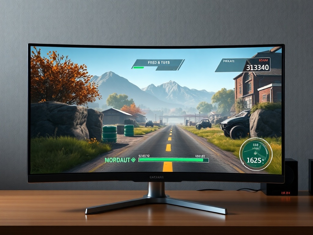 gaming monitor showing smooth gameplay with consistent frame delivery, subtle performance overlay showing stable metrics