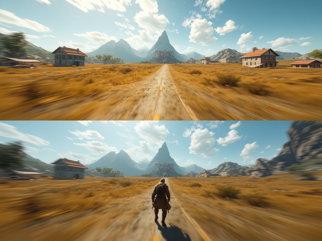 open world game with visible stutter during fast traversal, contrasted with smooth movement in another scene