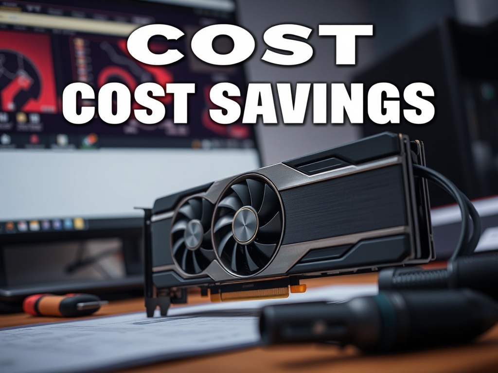 close-up of graphics card on desk with tools, highlighting cost savings concept, realistic lighting
