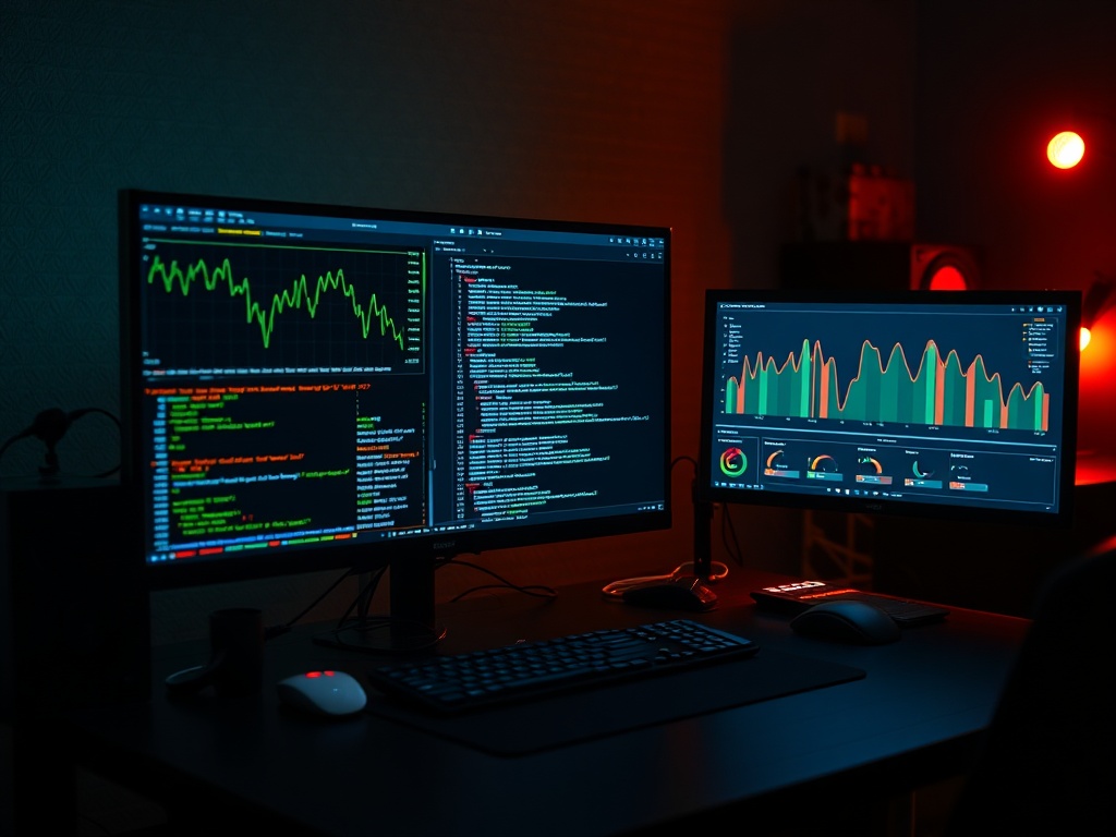 developer workstation with performance graphs, code on screen, dim lighting, engineering vibe