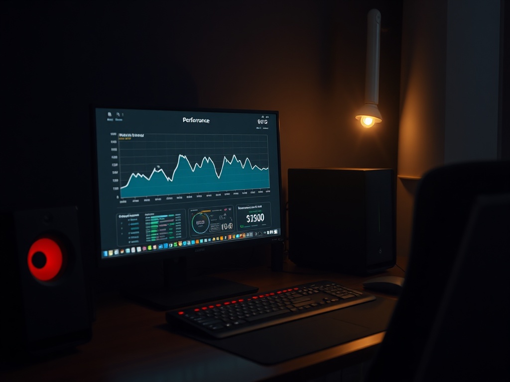 dimly lit gaming setup with performance graph on monitor, subtle stutter spikes, realistic desk environment