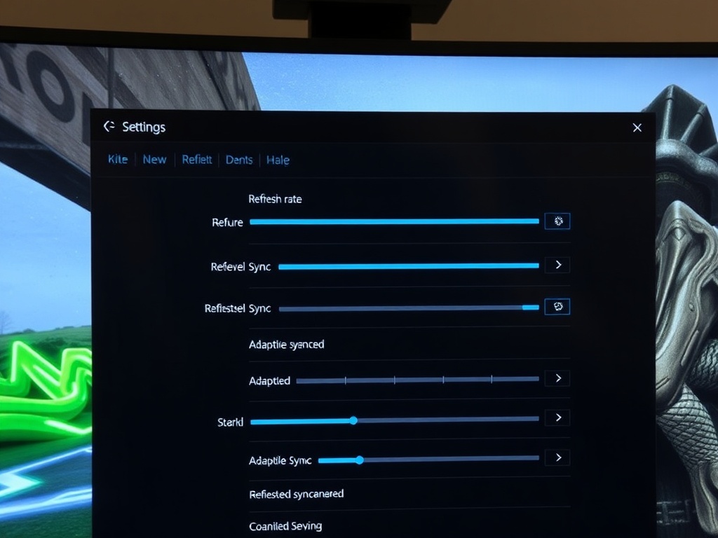 gaming monitor settings menu showing refresh rate and adaptive sync enabled, realistic UI