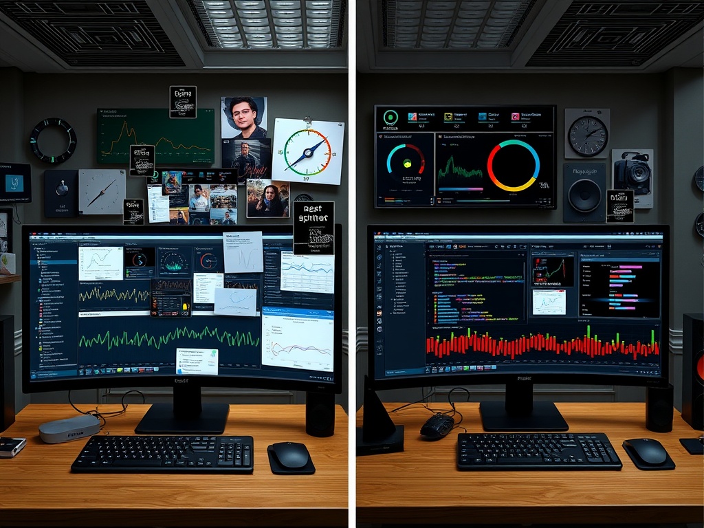 messy desktop with multiple monitoring tools conflicting overlays vs clean optimized setup comparison